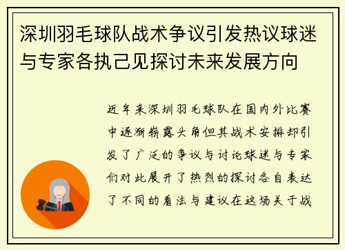 深圳羽毛球队战术争议引发热议球迷与专家各执己见探讨未来发展方向